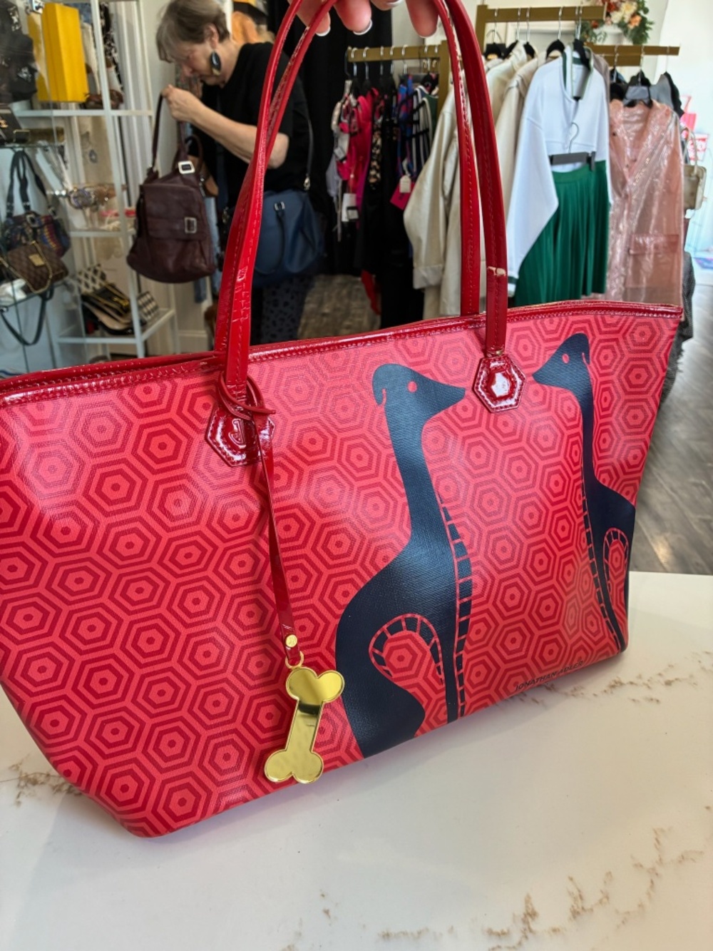 Jonathan Adler Red Tote with Blue Graphic Dogs
